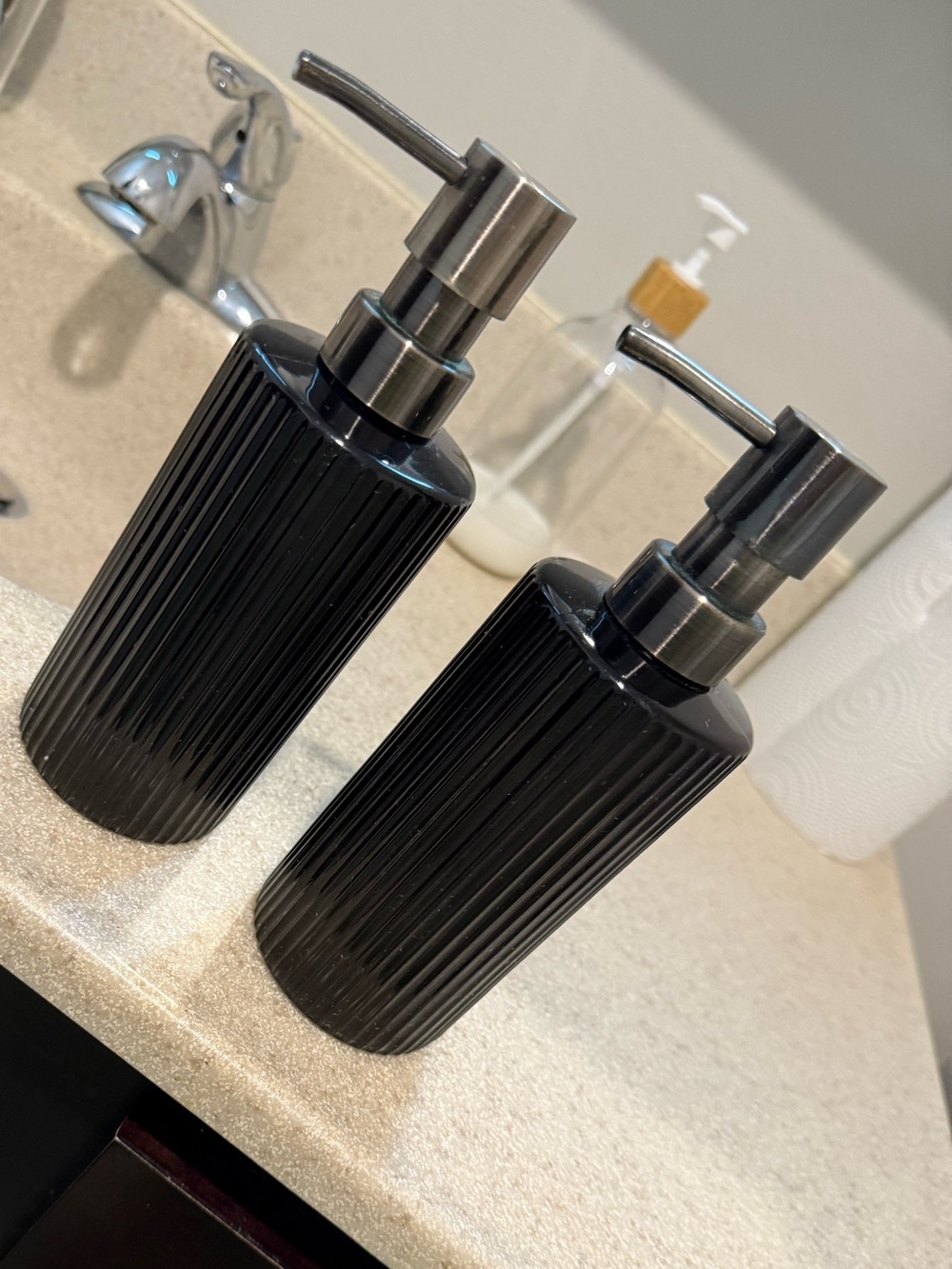 Threshold Black Ribbed Ceramic Soap Dispenser with Metallic Pump